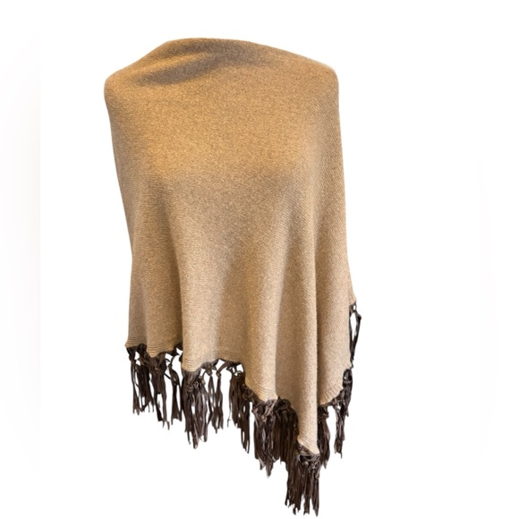 TESMA CASHMERE NWT Tan 100% Cashmere with Leather Fringe Poncho/Wrap - Picture 4 of 12